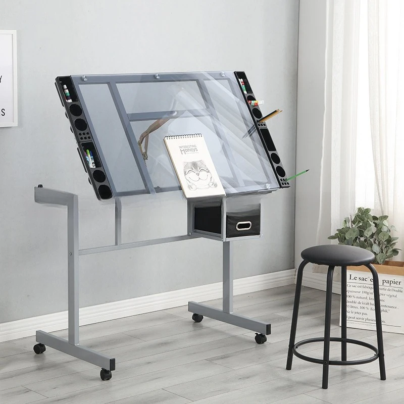 

Adjustable glass surface drawing table painting table drawing art computer designer desk workbench with drawer