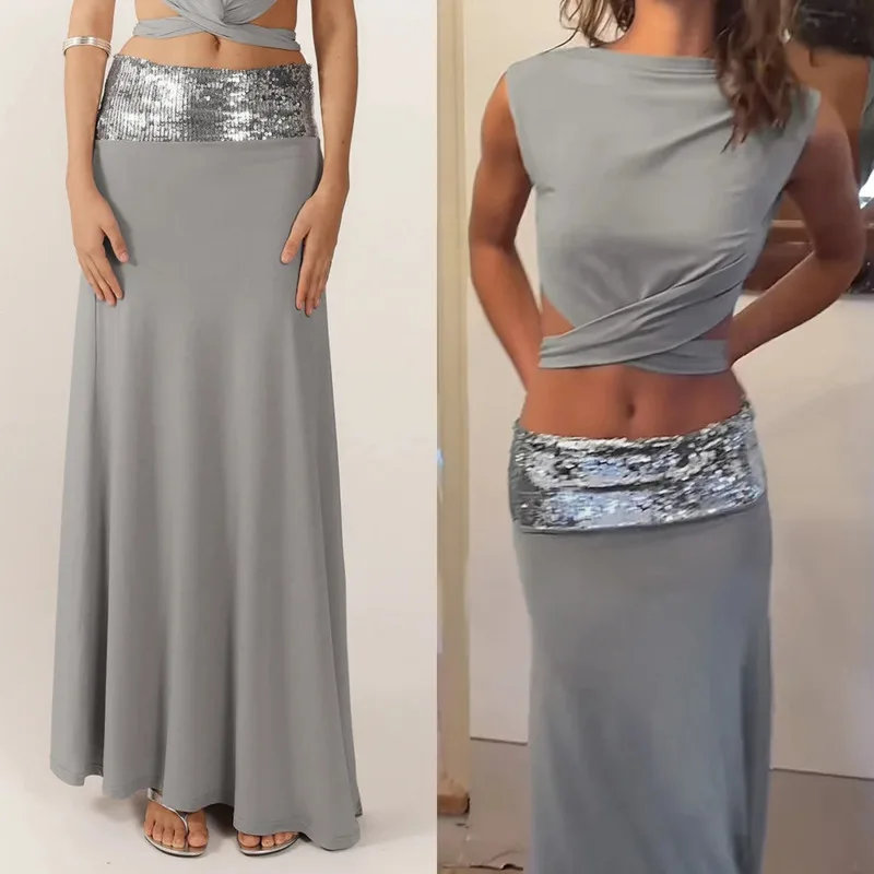 

Y2K Sexy 2 Piece Set For Women Backless Bandage Top With Sequined Waist Long Skirt Elegant Matching Outfits For Party Night Look