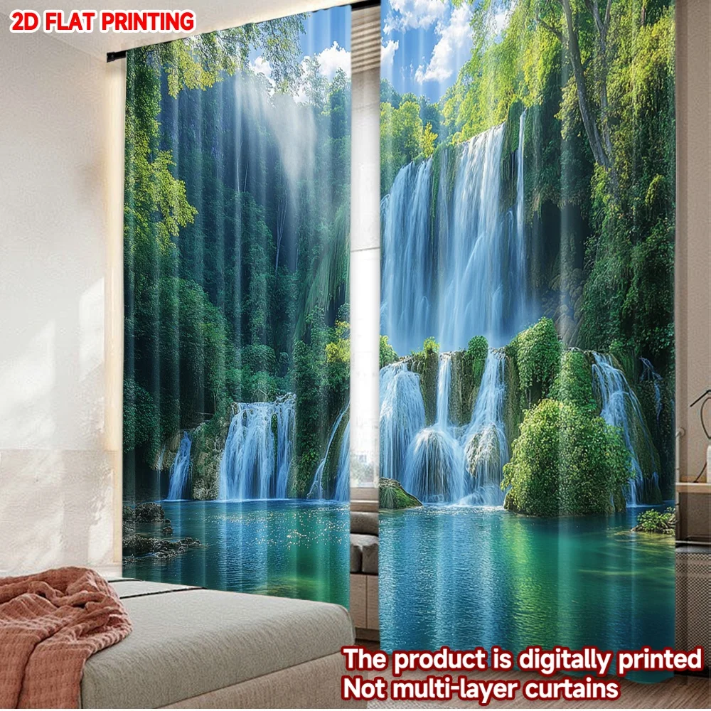 

2D flat printing 2pcs Curtain Curtains Majestic Forest Waterfall Digital Printed Polyester Drapes Party Decorations Perfect for