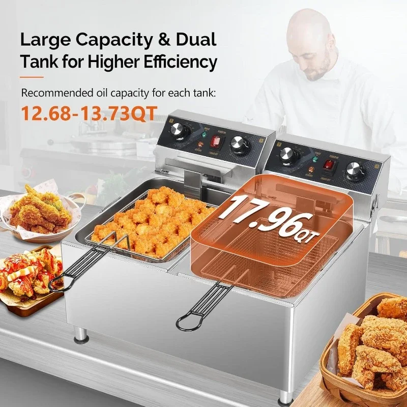 HOME.36QT Electric Deep Fryer 240V Overheat Protection Adjustable Feet, Temp Control & Baskets,home.