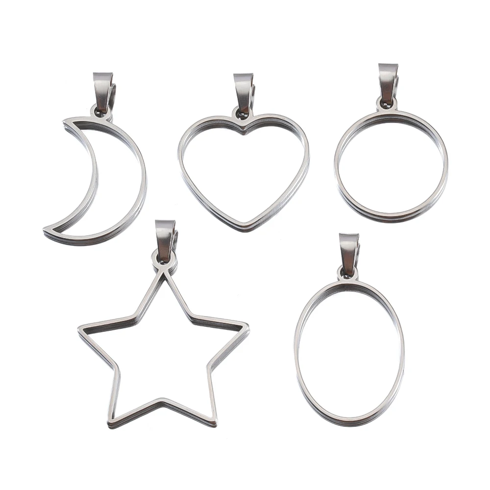 

5 шт. геометрический полый металлический каркас, подносы для подвесок из эпоксидной смолы для DIY, серьги, ожерелье, кулон в форме сердца в форме луны, изготовление