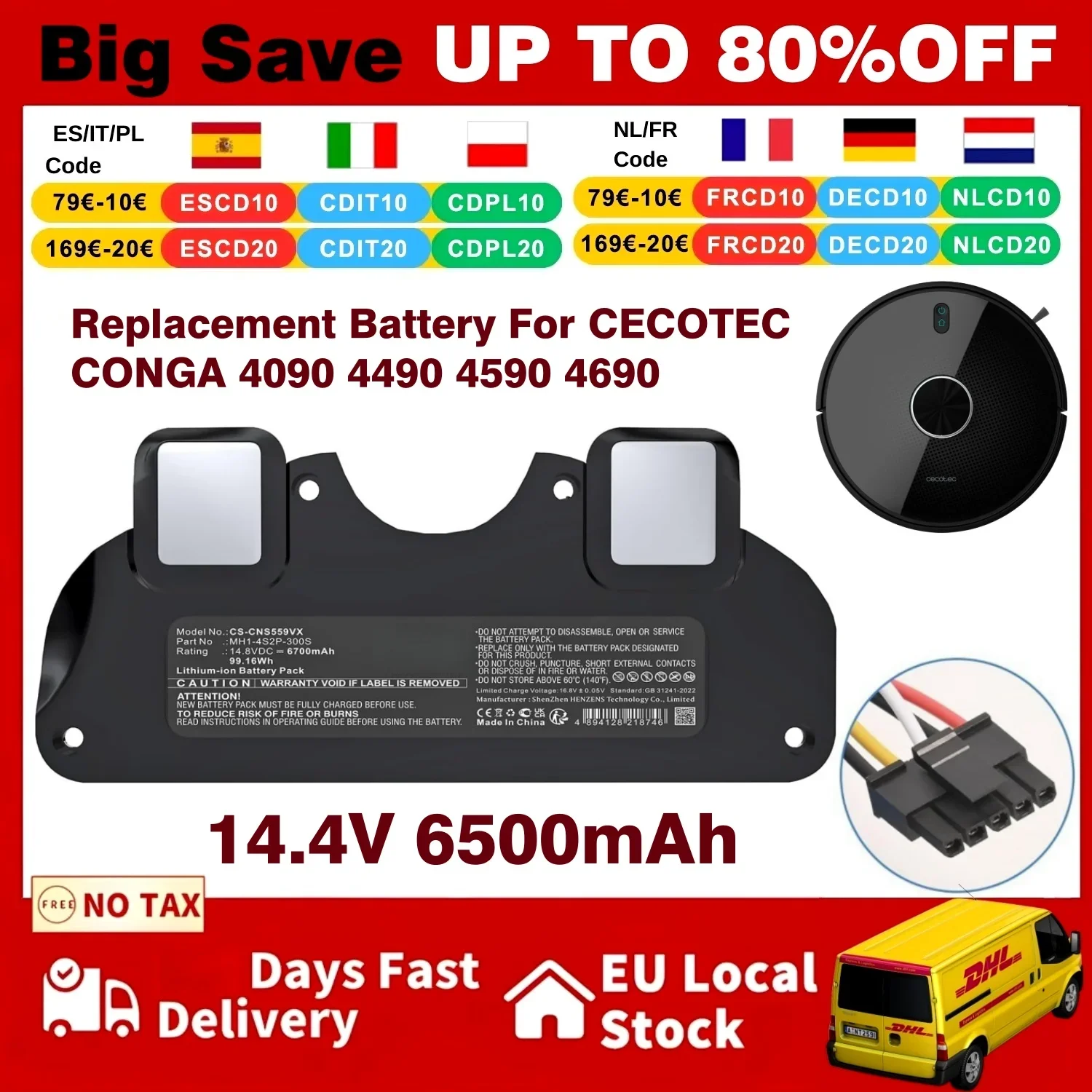 Neuer Ersatzakku für CECOTEC CONGA 4090 4490 4590 4690 Roboter-Staubsauger, Zubehör, Ersatzteile, Werkzeug, 14,4 V, 6500 mAh