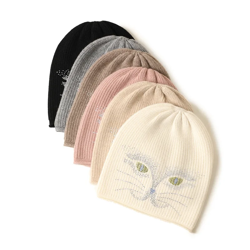 25New style 100 cashmere hat women Rhinestone Cat Face Design rolled edge warm winter round top new style