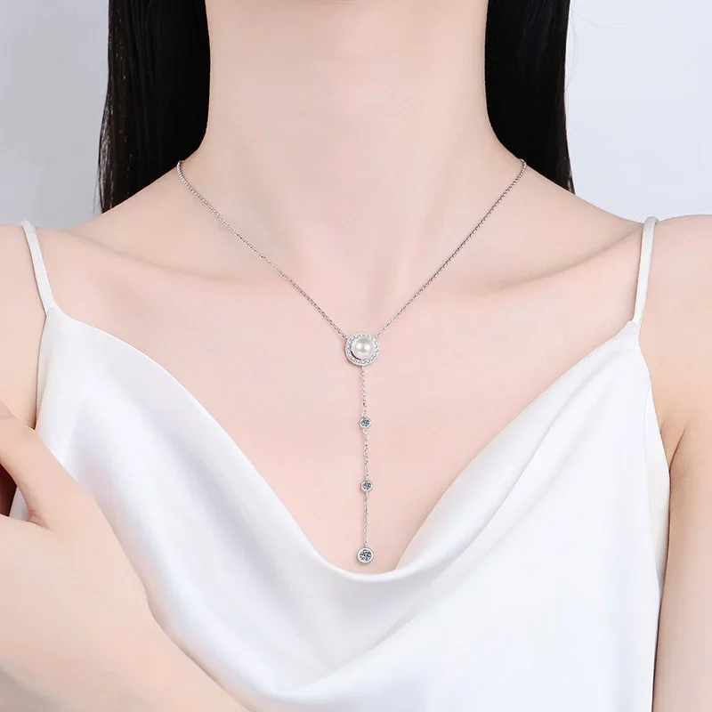 Sparkling Freshwater Pearl Pendant Necklace for Women, 0.67ct Moissanite Collarbone Chain of The Light Luxury Collar Jewelry