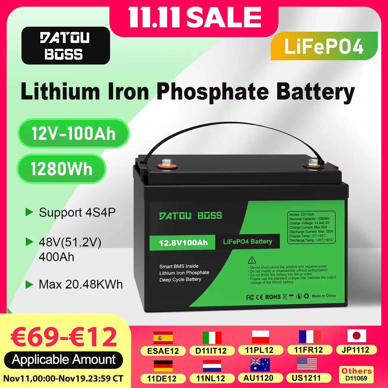 

DATOUBOSS 12V100Ah LiFePo4 Battery Pack Built-in BMS 1280W akumulator 12v Deep Cycle Solar Portable Rechargeable Power No VAT