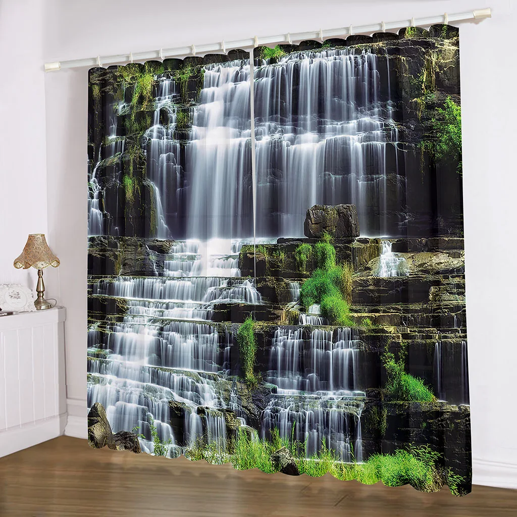 2 Panel Natural Green Landscape Print Curtain for Bedroom Living Room Kitchen Window Floor-to-ceiling Window Grommet Top Hooks