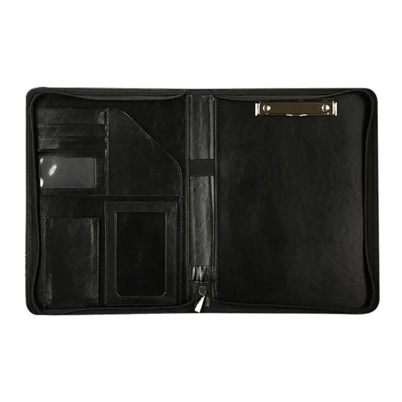 31BA Zippered PU Conference Folder Multiple Compartment File Case with Clipboard Multiple Pocket Card Holder Elastic Pen Slot