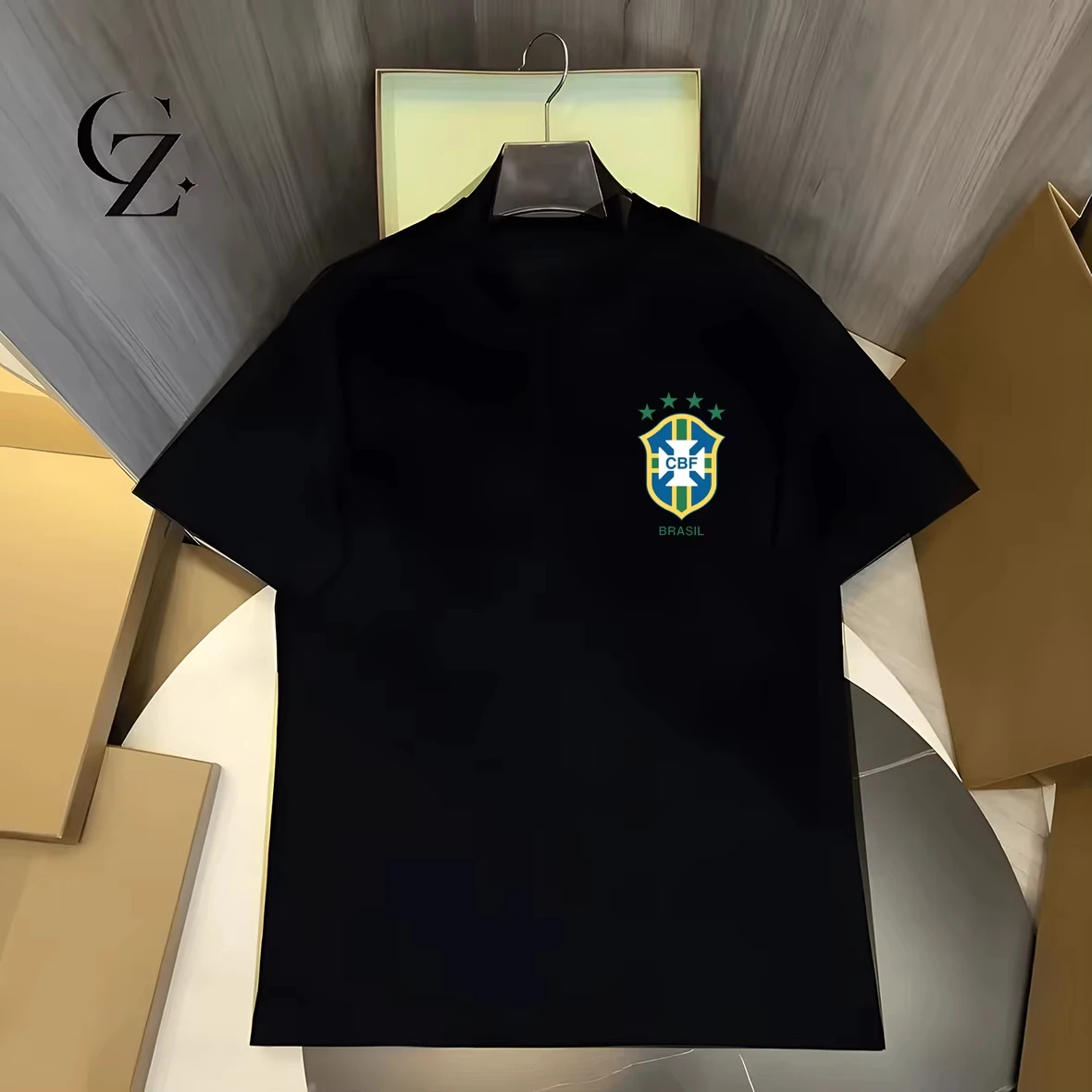 Unisex Brazil Soccer Jersey Black Crew Neck Splash Minimal Emblem Print Chest Badge Decor 2026 Adult Kid Fan Football Shirt