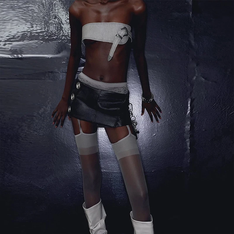 

OMSJ Женская юбка из искусственной кожи, черная юбка на пуговицах с высокой талией, облегающие мини-юбки с запахом на бедрах, новинка 2025, модный клуб, High Street