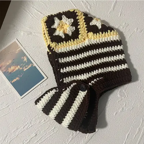 INS Korea Autumn Winter Flower Striped Y2K Balaclava Thief Hats For Women Men Mask One-piece Knitted Beanie Caps Gorras - Image 9