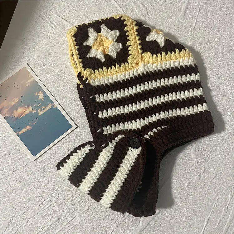 INS Korea Autumn Winter Flower Striped Y2K Balaclava Thief Hats For Women Men Mask One-piece Knitted Beanie Caps Gorras - Image 9