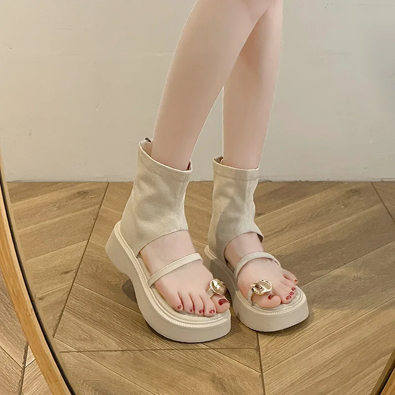 2024 Summer New French High-grade Platform Sandals for Women with Skirt Fried Street Retro Trousers Short Boots Sandals
