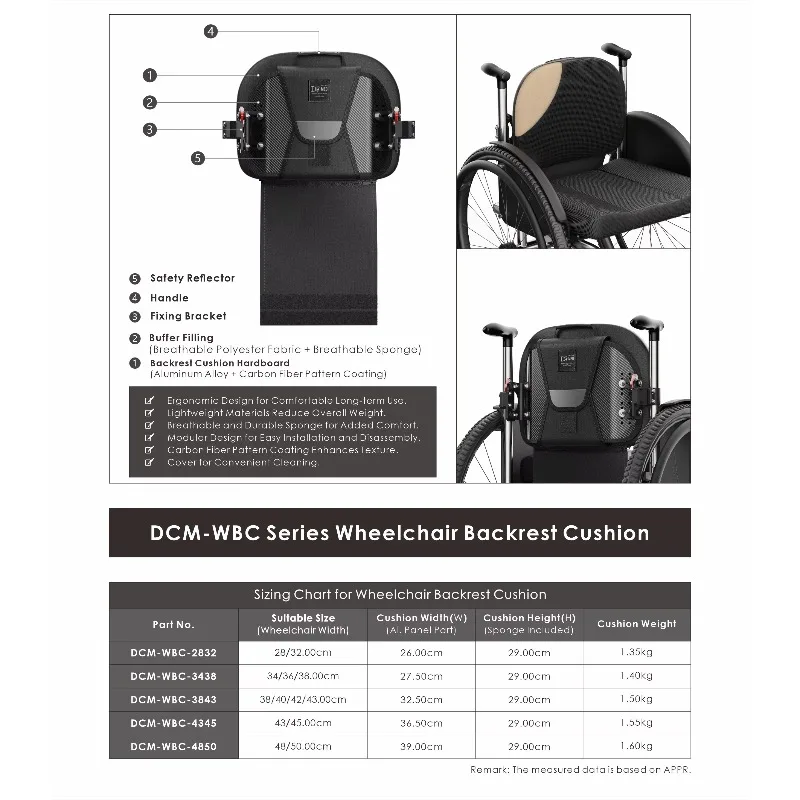 Black Adjustable Wheelchair Backrest Cushion for Manual Sports Wheelchair
