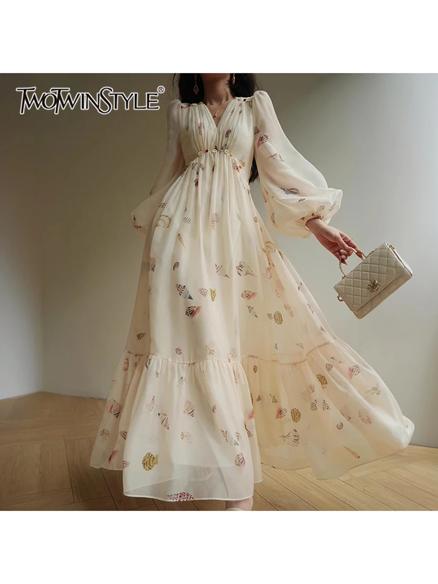 

TWOTWINSTYLE Hit Color Loose Casual Dresses For Women V Neck Long Sleeve High Waist Temperament Long Dress Female Fashion Style