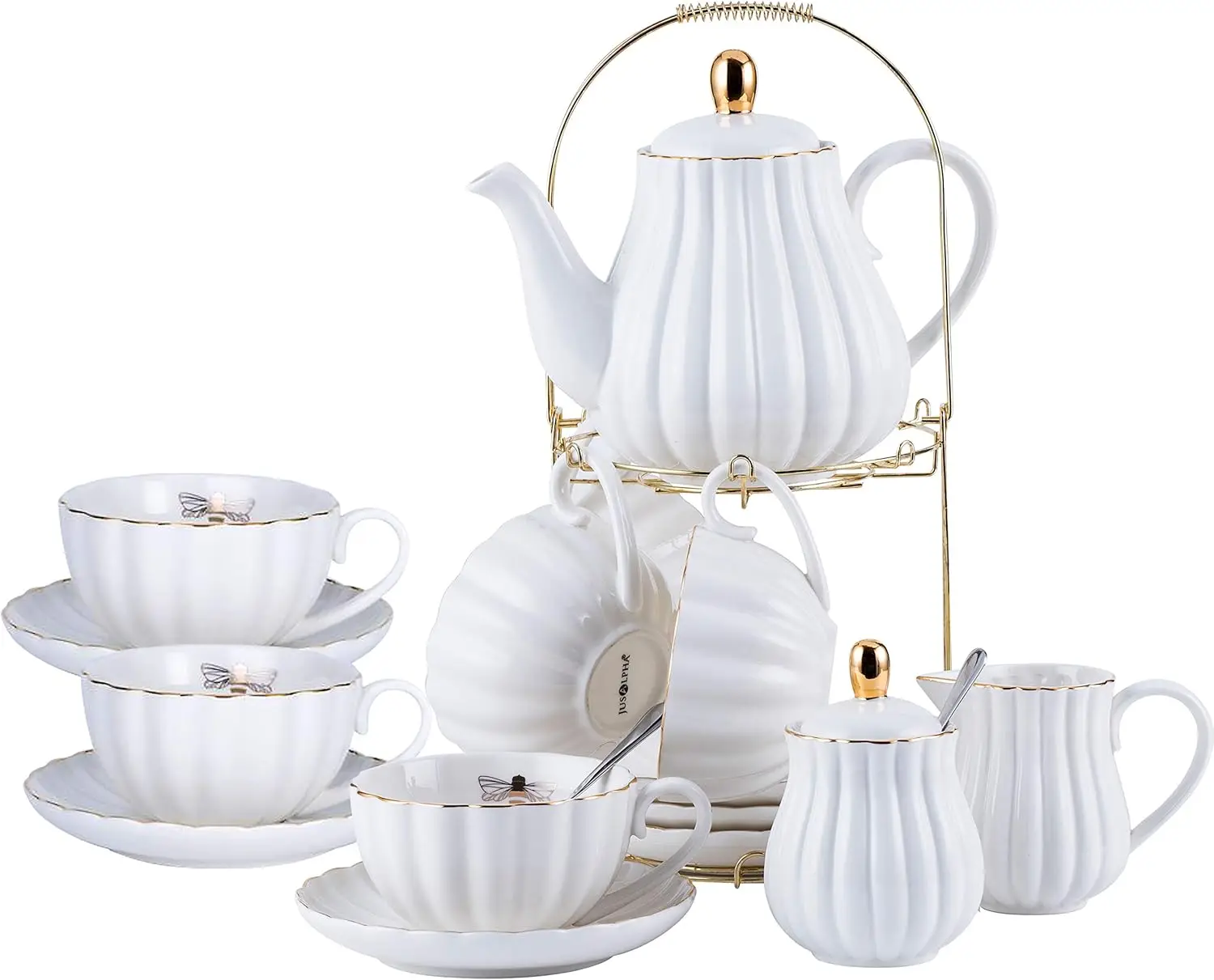 

Fine White Coffee Cup/Teacup Set 8 OZ Cups Saucer Service for 6 with Teapot-Sugar Bowl and Tea Strainer for Tea/Coffee