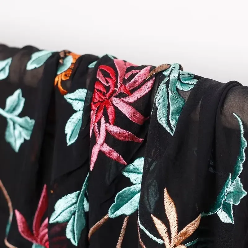 Redraspberry Black Georgette Silk Embroidered  Silk and Cotton Materials Spring Dress DIY clothes sewing fabrics Freeshipping