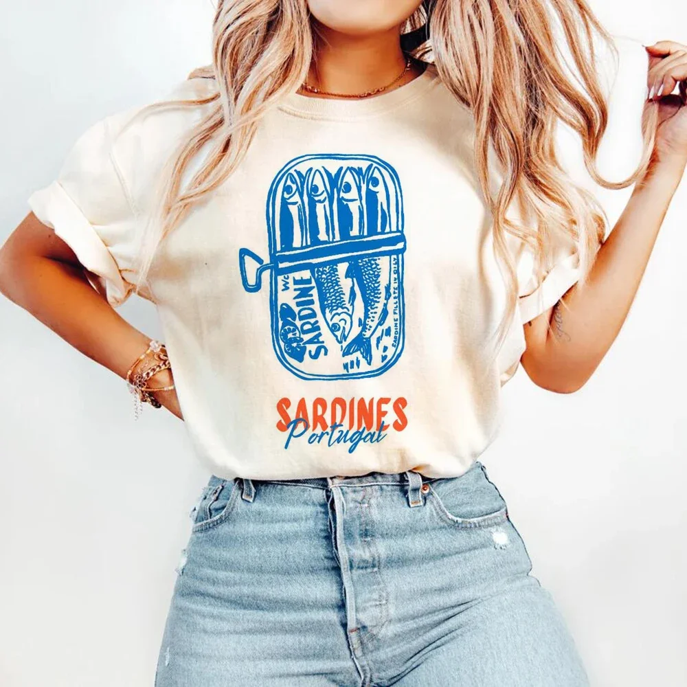 Pattern Retro Sardines Portugal Tinned Fish Printed Street Women's Summer Travel Vacation T-Shirt Cute Style Printed T-Shirt