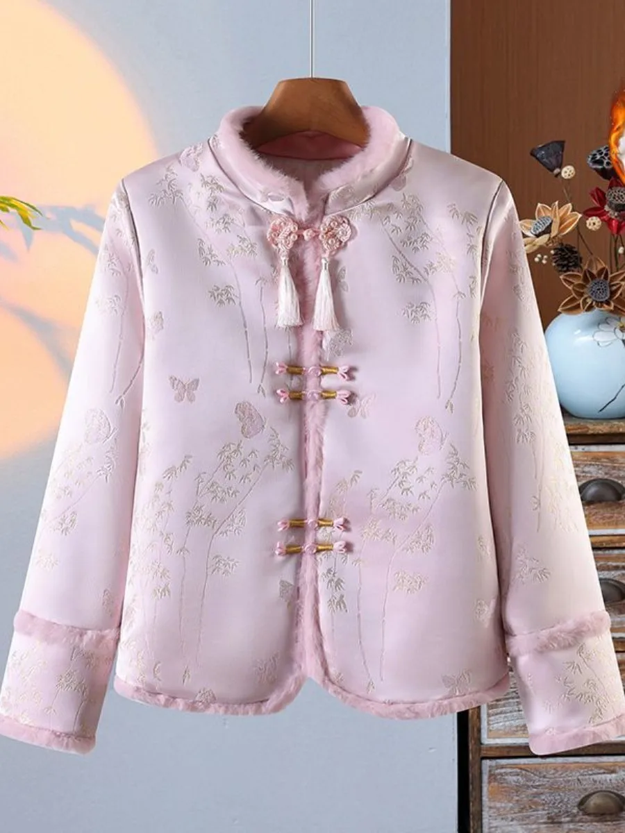 

Autumn Winter Chinese Style Button up Cotton Jacket Women's Outerwear Warmth Two-Piece Set Traditional Tang Costume Design