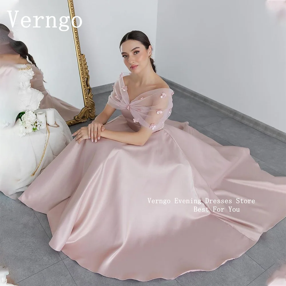 

Verngo Blush Pink Satin Prom Gown Off The Shoulder A Line Party Dress Women Simple Appliques Evening Dress Prom Dress