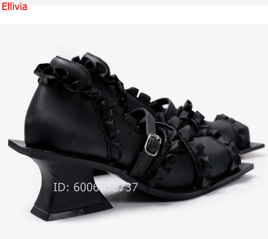 omen Black Square Toe Mary Jane Shoes Ruffle Trim Ankle Strap Buckle Flat Shoes Gothic Lolita Street Fashion Dress Footwear