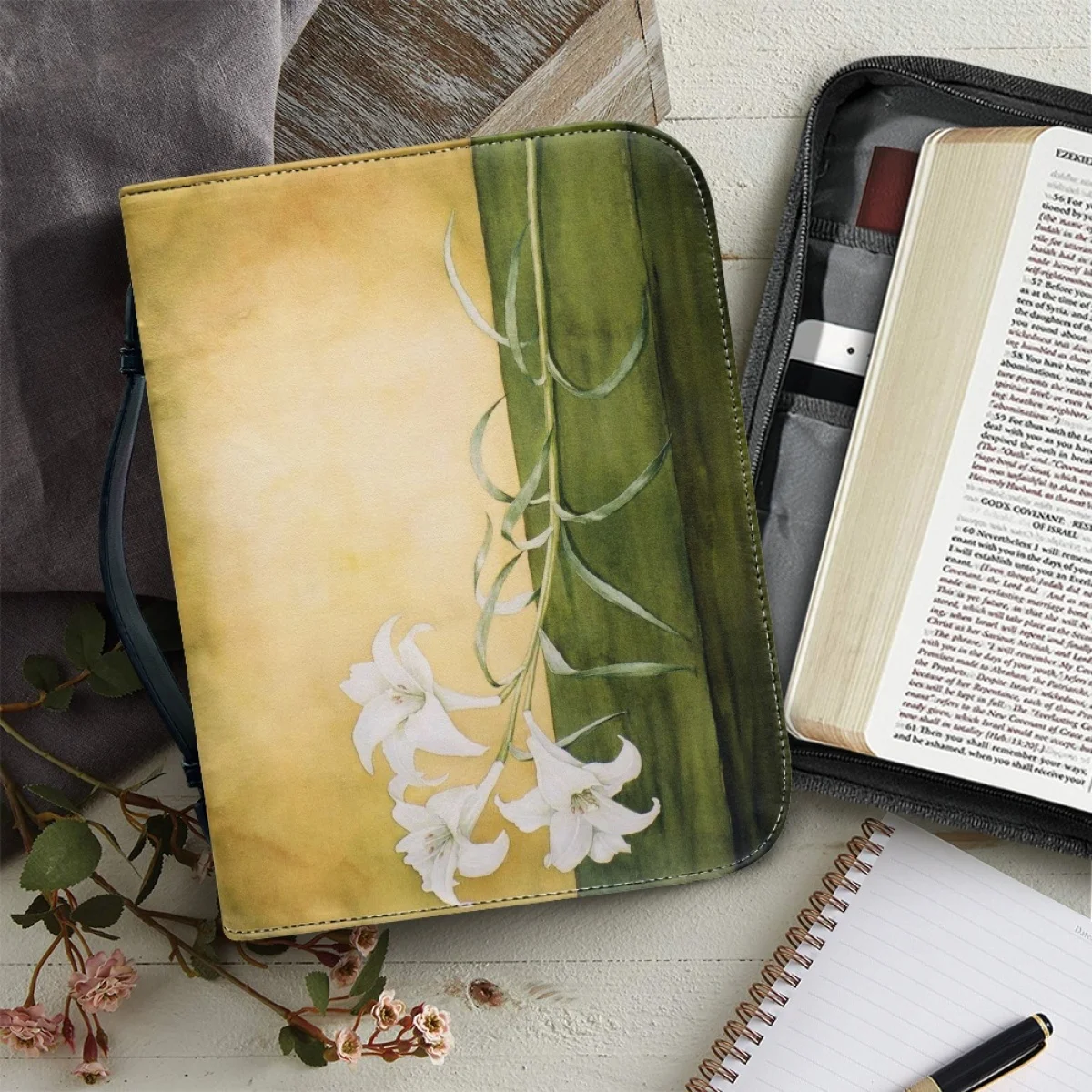 Leather Women's Handbags Zipper Handle Bible Bag Purity Lily Print Bible Cover Case Holy Protection Study Book New Fashion 2023