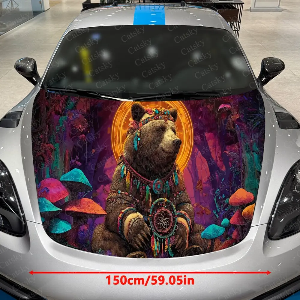 Iridescent Mushroom Brown Bear Car Vinyl Wrap, PVC Material Waterproof Car Hood Sticker, Self-Adhesive Scratch-Resistant Sticker