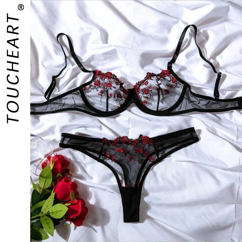 

Toucheart Embroidery Floral Ultra-Thin Lingerie Exquisite Sexy Large Size Lingerie Ladies Lace Transparent Underwear Bra Set New