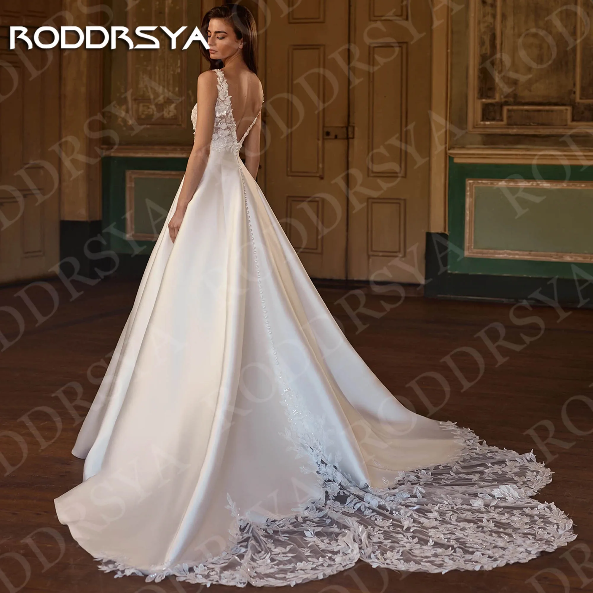 RODDRSYA Customized Wedding Dresses Sleeveless Sexy Deep V Neck Lace Satin Bridal Dress Backless Classic Vestido De Novia 2026