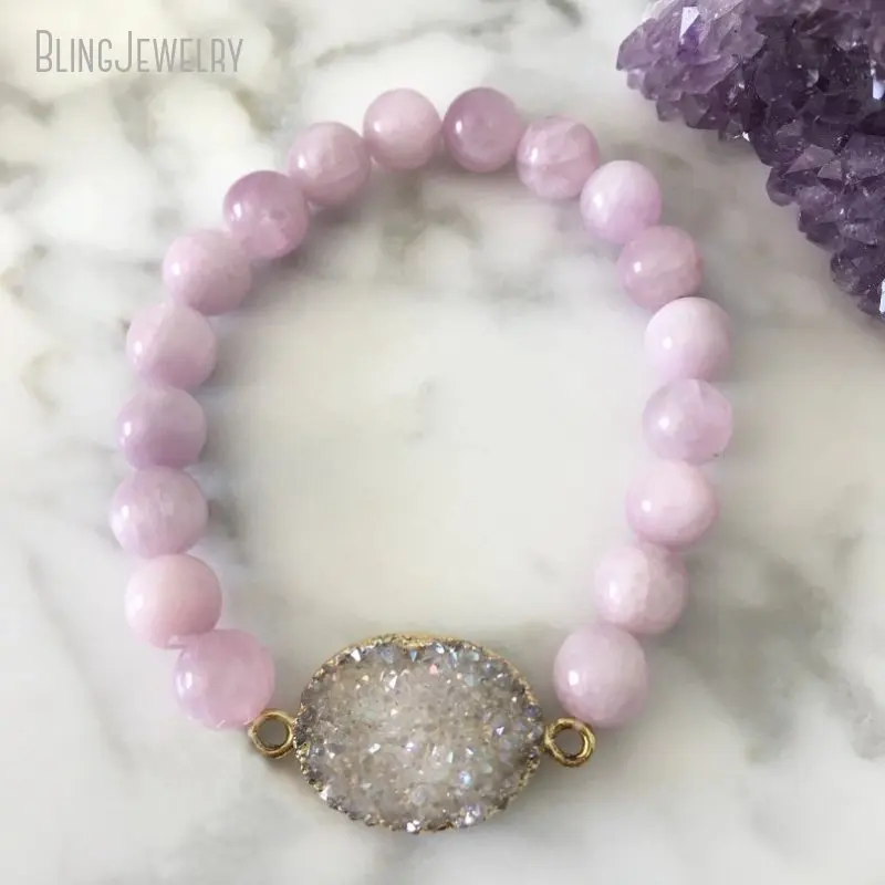 10pcs Lavender Pink Agate Beads Rainbow Druzy Stretch Bracelet Women Stacking Jewelry