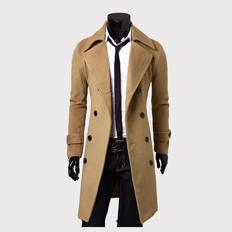 New Arrival Men's Slim Fit Casual Woolen Jacket Double Breasted Extended Length Coat For Autumn/winter