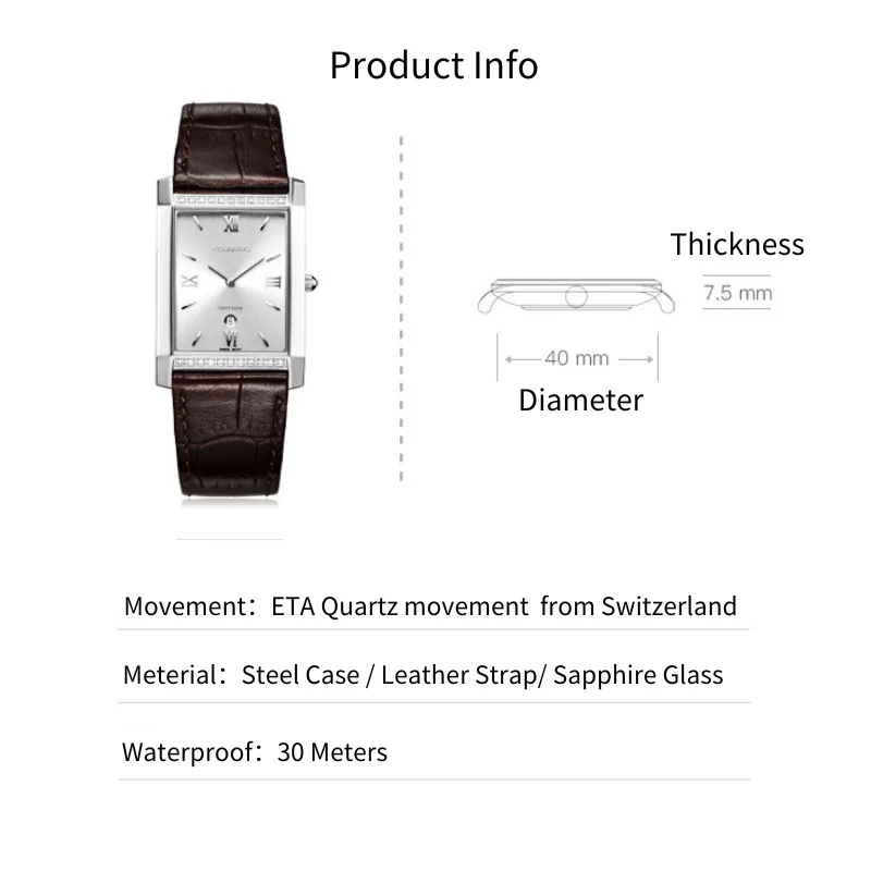 Quartz Watch Classic Square Watch with Swiss ETA Movement and Day Calander Sapphire Mirror, 3ATM wtih Strap and Bracelet