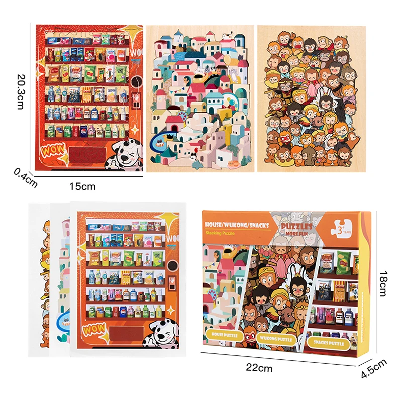 Kids Wooden Creative Wukong/House/Snack Stacked Shape Puzzle Table Games Brain Games Montessori Thinking Educational Toy Gifts