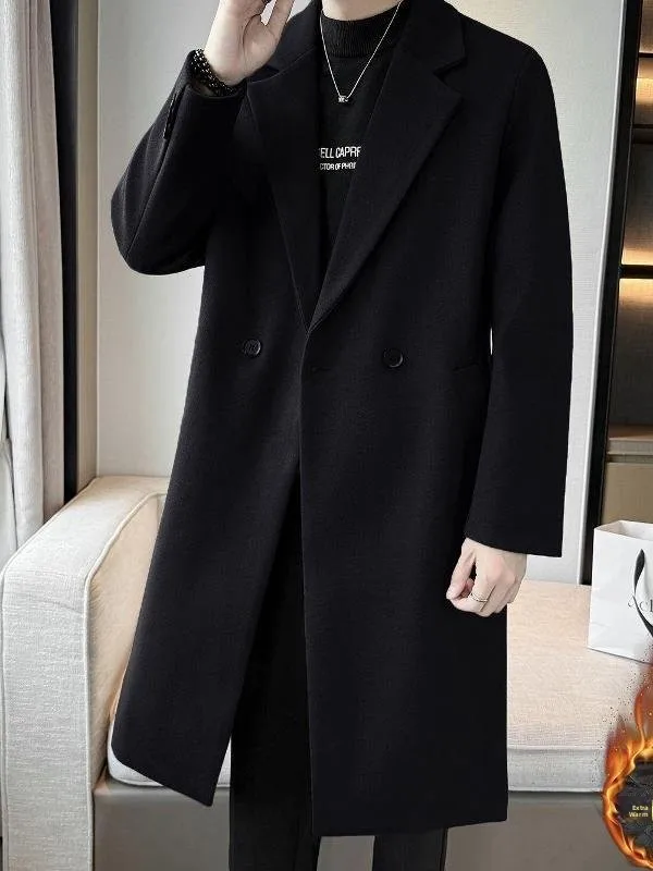 

Men's Winter Thiened Over-Knee Woolen Coat Long Jaet Trendy Busin Casual V-Ne ket Loose Fit Full-Length Coat