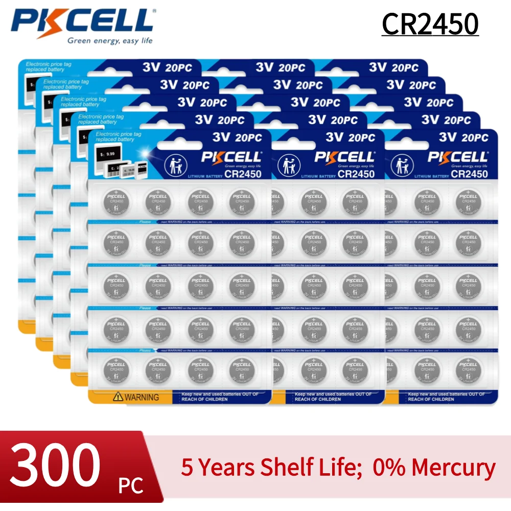 

PKCELL 300PCS CR2450 3V Lithium Coin Battery 3V Lithium (LiMnO2) Coin Cell Batteries For Alarm Car Remote Ford Key Fob