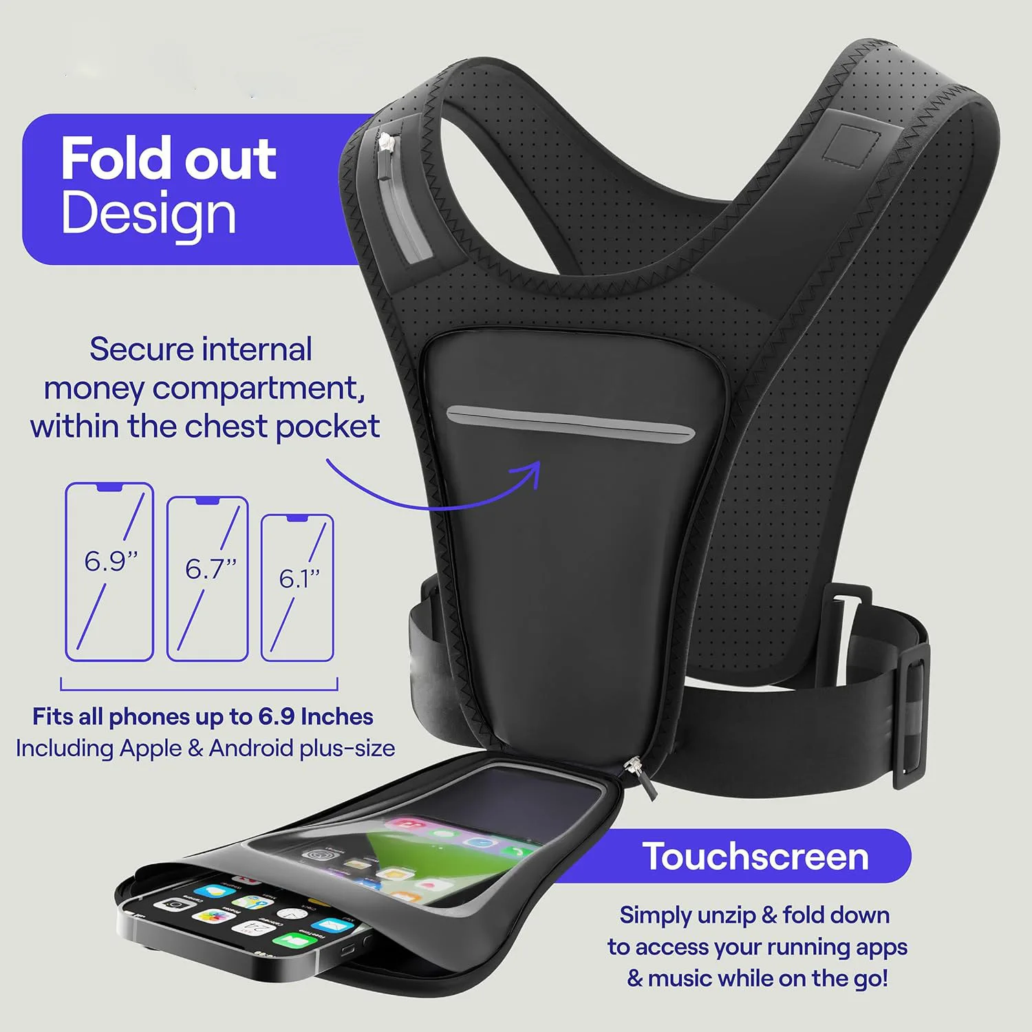 Running Phone Vest Chest Pack Adjustable Breathable Waterproof Sport Vest with Waterproof Touchscreen Pocket for Cycling Hiking