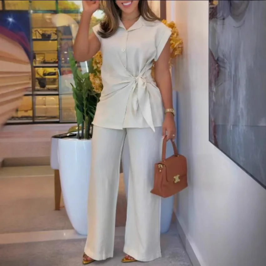 

Lace-up Waist Lapel Shirt High-waisted Casual Pants Two-piece Set Fashion Simple And Versatile Temperament Elegant Office Outfit