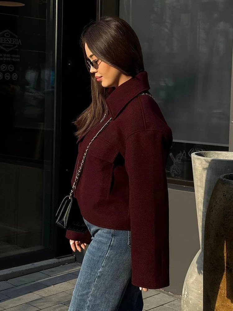 Foridol Autumn Winter Thick Burgundy Coat Jacket Women Zip Closure Turn Down Collar Short Jacket Veste Casual Angola Red Coat