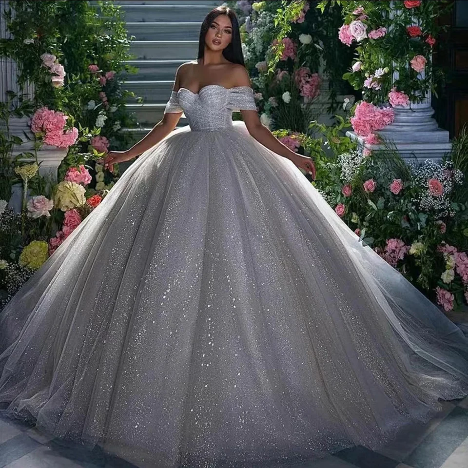 Vestido de novia de lujo con Apliques de encaje y hombros descubiertos, traje de baile con cuentas, con tren de barrido, talla grande, 2023