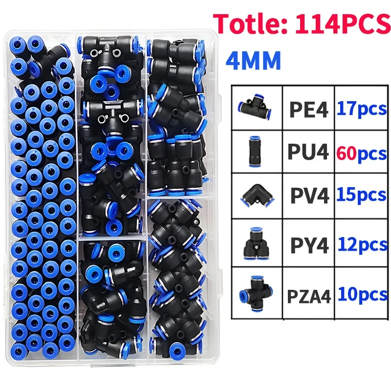 114 PCs Boxed Pneumatic Fittings PU-4/PE-4/PZA-4/PY-4/PV-4/PG-4 Quick Release Connectors Kit For 4mm Plastic Hose Couplings