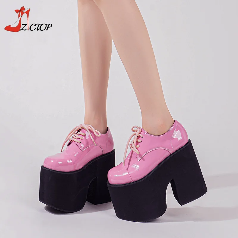 Super High Heels Chunky Platform Pumps Women Patent Leather Lace Up Gothic Punk Pink Mary Jane Lolita Cosplay Shoes Big Size 42