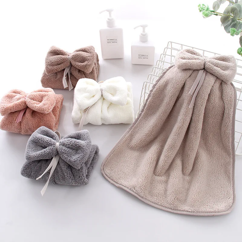 Manufacturer wholesale high-density coral velvet bow cute hanging hand towel absorbent kitchen and bathroom hanging towel