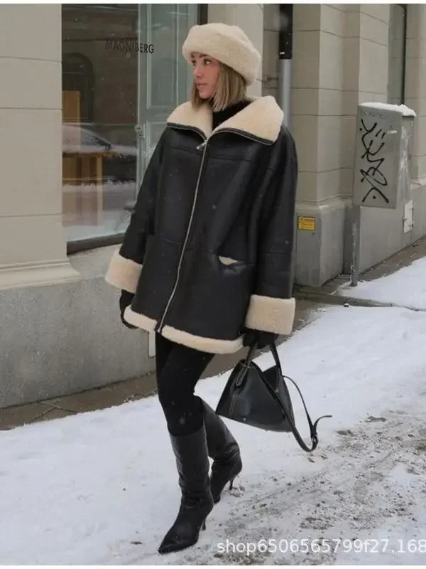 Manteau en fourrure de cuir épais à manches longues pour femmes, revers en velours, veste de vélo pour femme, noir, rue, moteur, mode, hiver, 2023