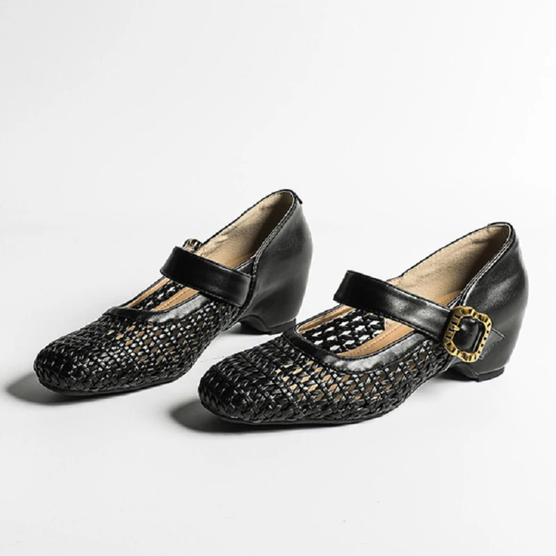 

Aneikeh Fashion Woven Mary Jane Shoes Round Toe Single Strap Low Block Heel Sandals Hollow Breathable Summer Casual Dress Pumps