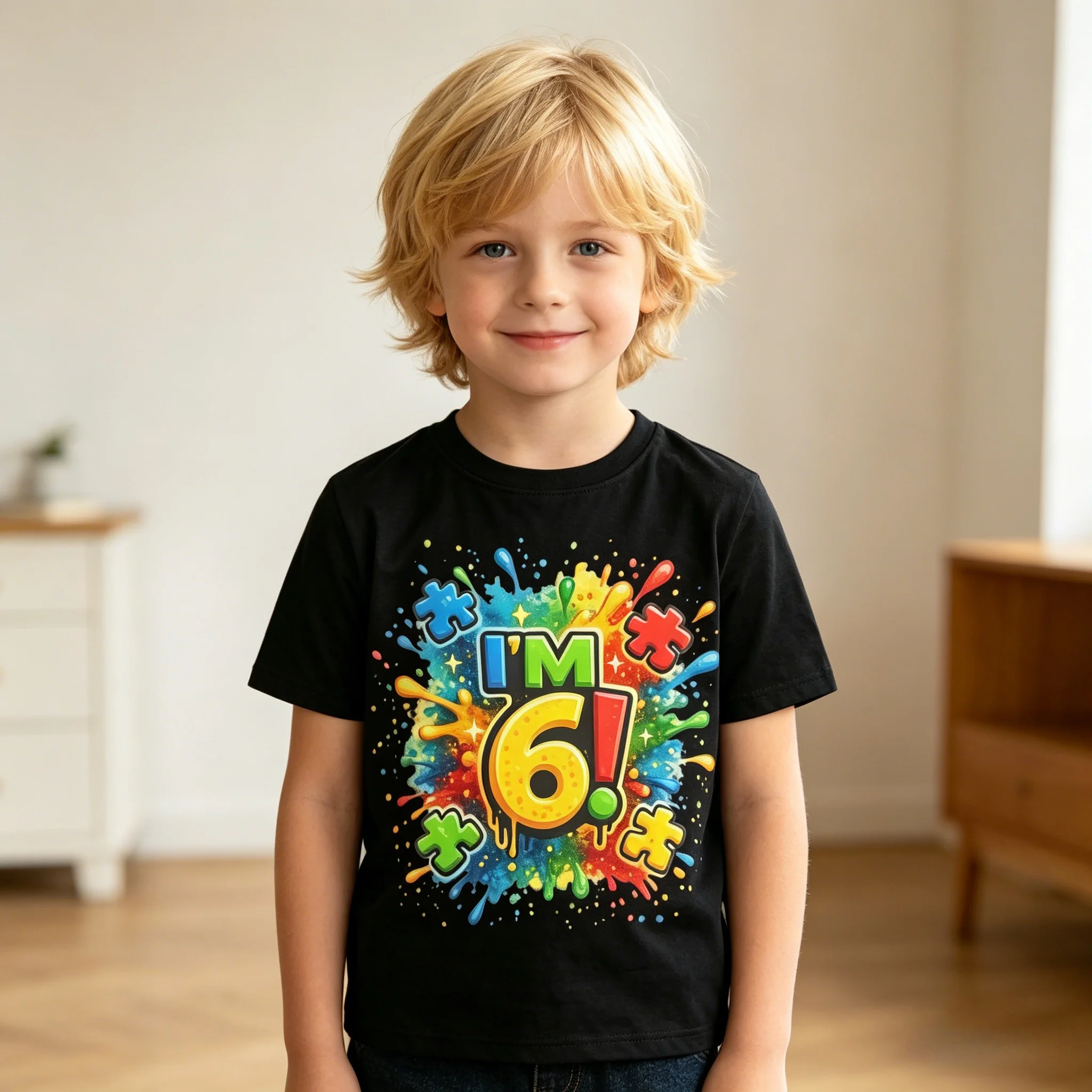 6th Birthday Splash Paint Letter Print Kids T-Shirt Loose Casual Fit Soft Breathable Cotton for Daily Outdoor Activity