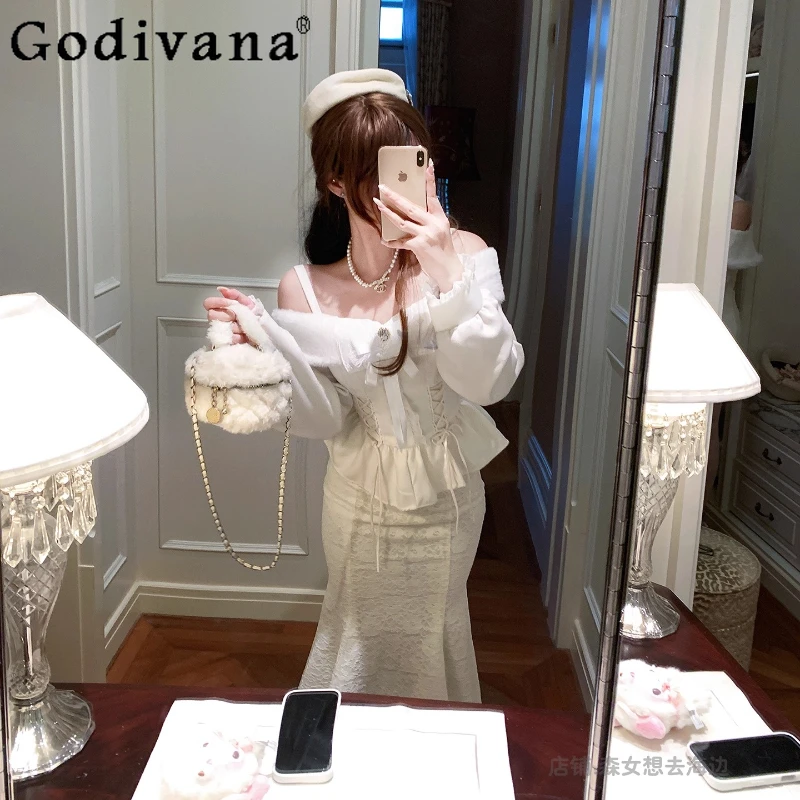 

Female Winter Snow Sweet Gentle Outfits Original New White Clear Series Top and Skirt Suits Women's Slim Japanese Lolita Set