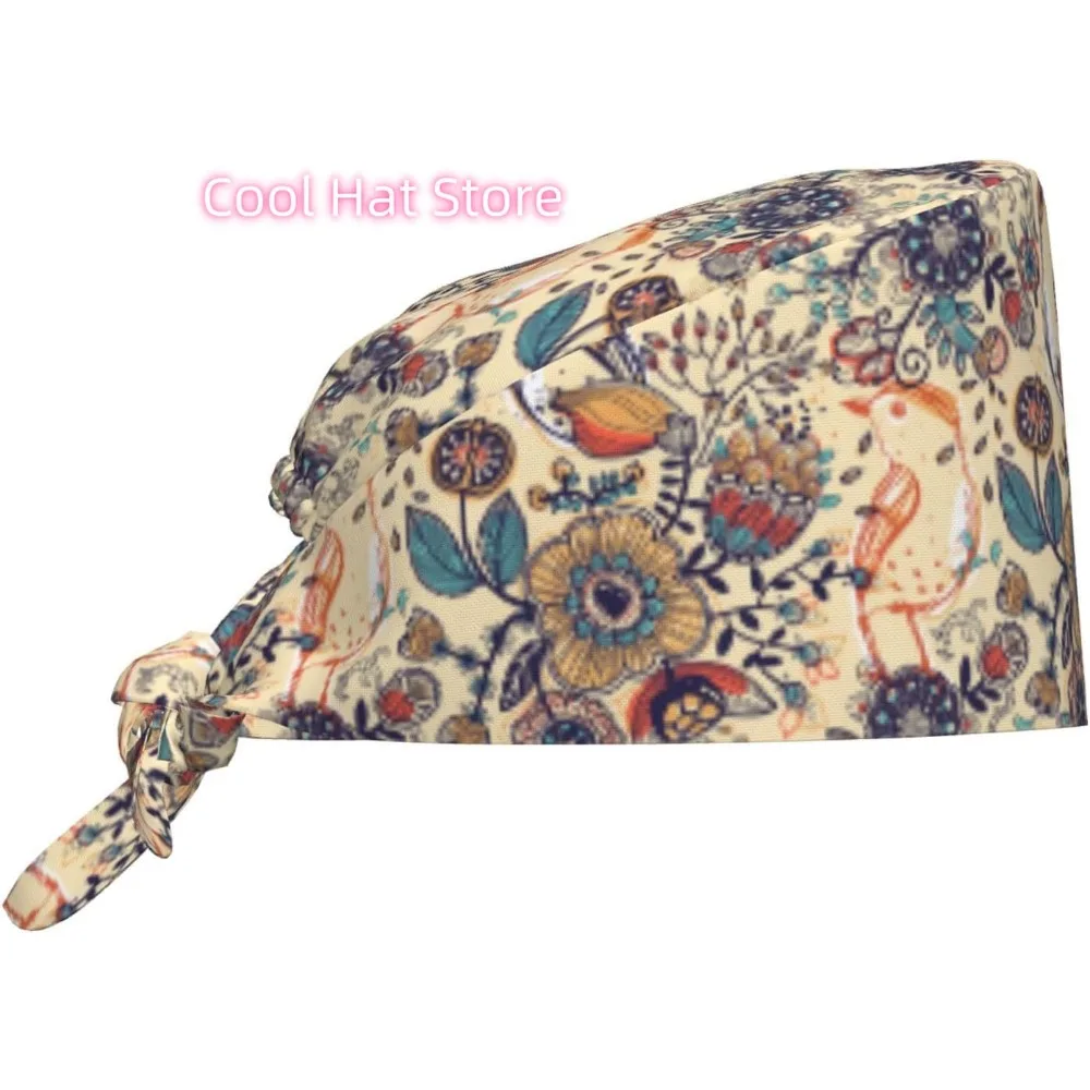 Floral With Birds and Fantasy Flowers Breathable Scrub Hat for Nurses & Doctors Adjustable Working Cap with Moisture-Wicking