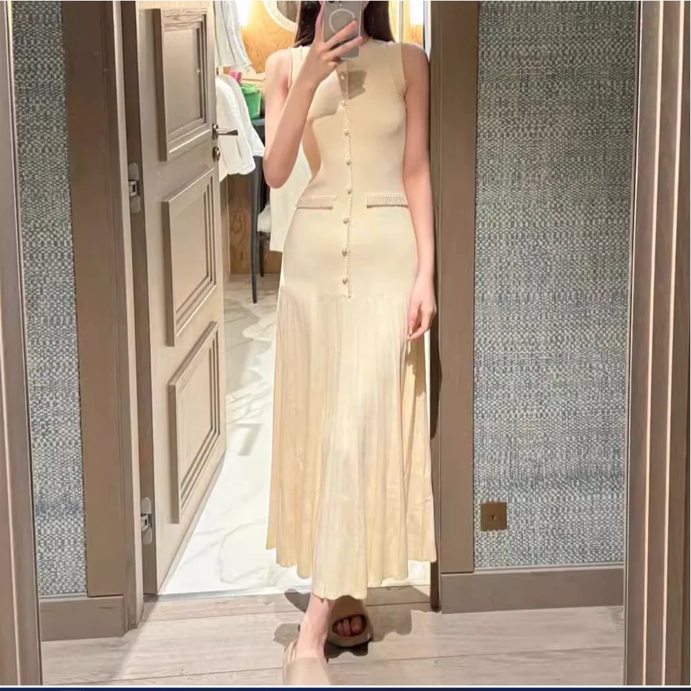 Elegant Pearl Edge Sleeveless Knitting Dress Women's New Slim Long Dresses 5230444