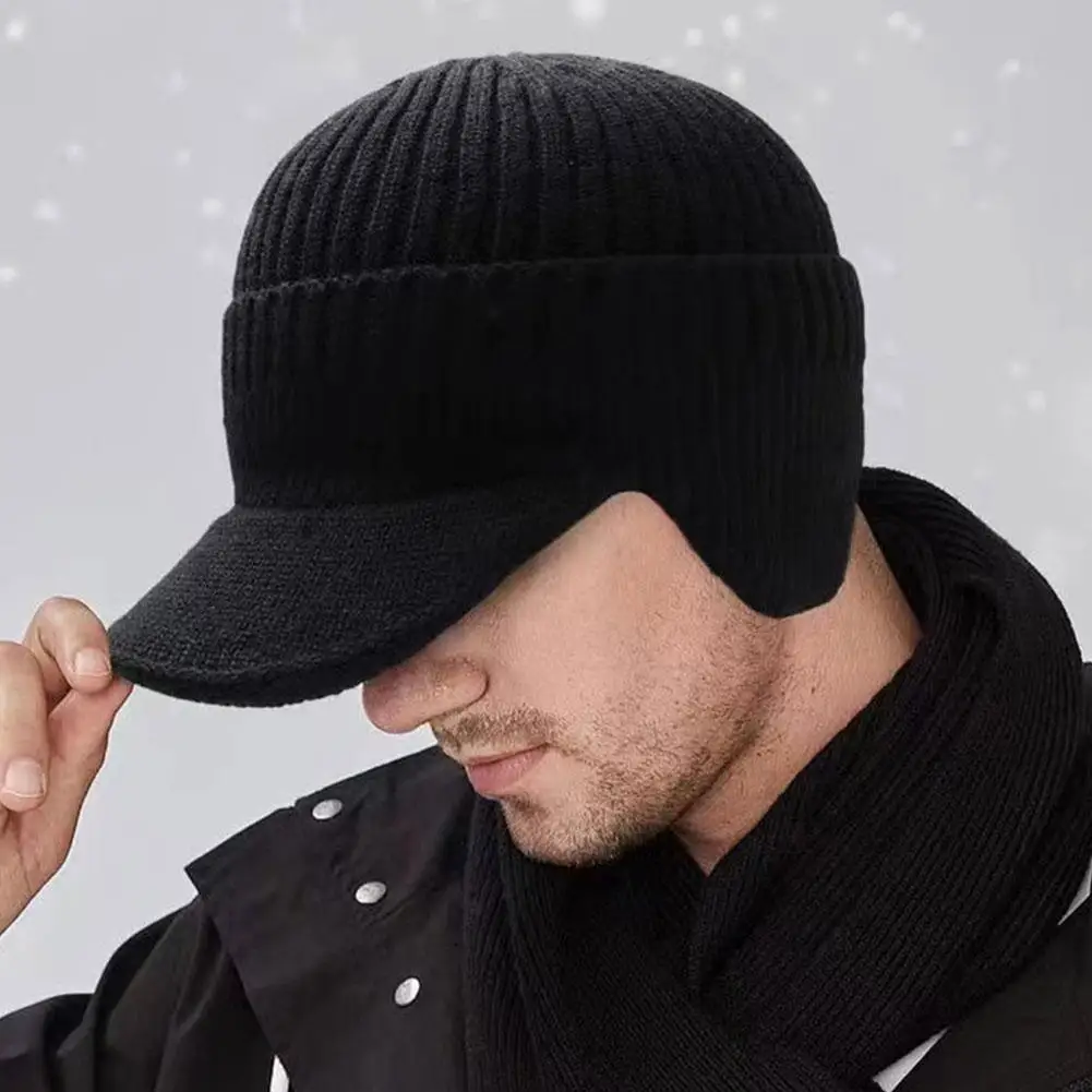 Unisex Warm Winter Hat With Brim Plush Fur Lined Knit Cap Sports Thickened Winter Hats For Men Ear Protection Hat Gifts