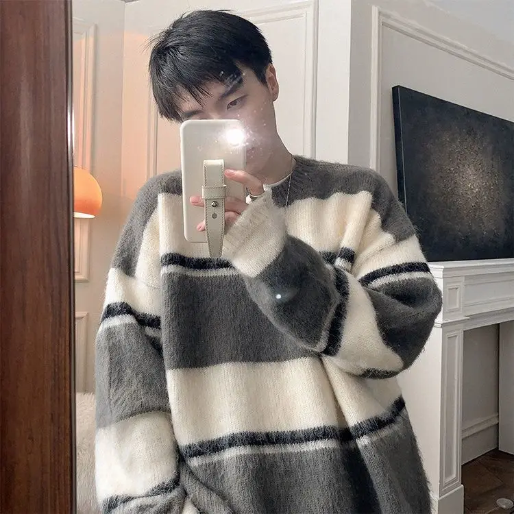 

Soft Waxy Sweater Men's Autumn and Winter Thickened Striped Sweater Lazy Fashion Brand American High-end Couple Coat Pullover