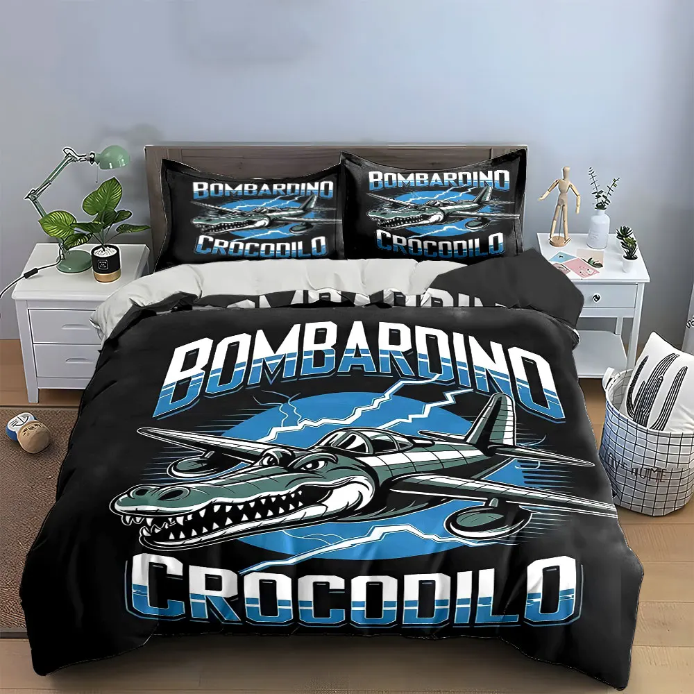Airplane Crocodile Art Trio Bedding Set with 1 Duvet Cover 2 Pillowcases Single Double King Queen, Gift